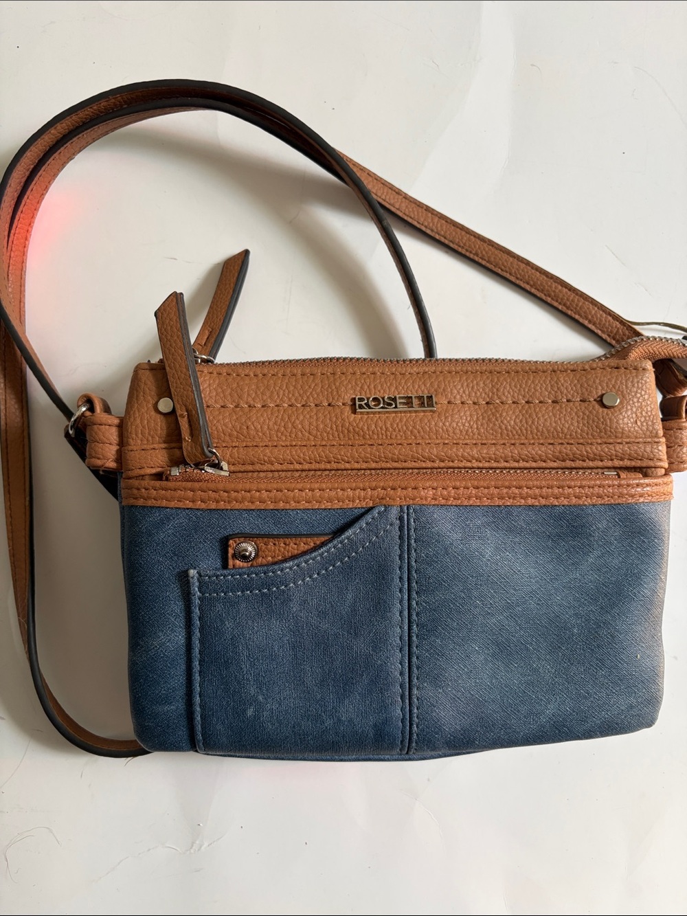 Rosetti Tan and Navy Two-Tone Crossbody Purse
